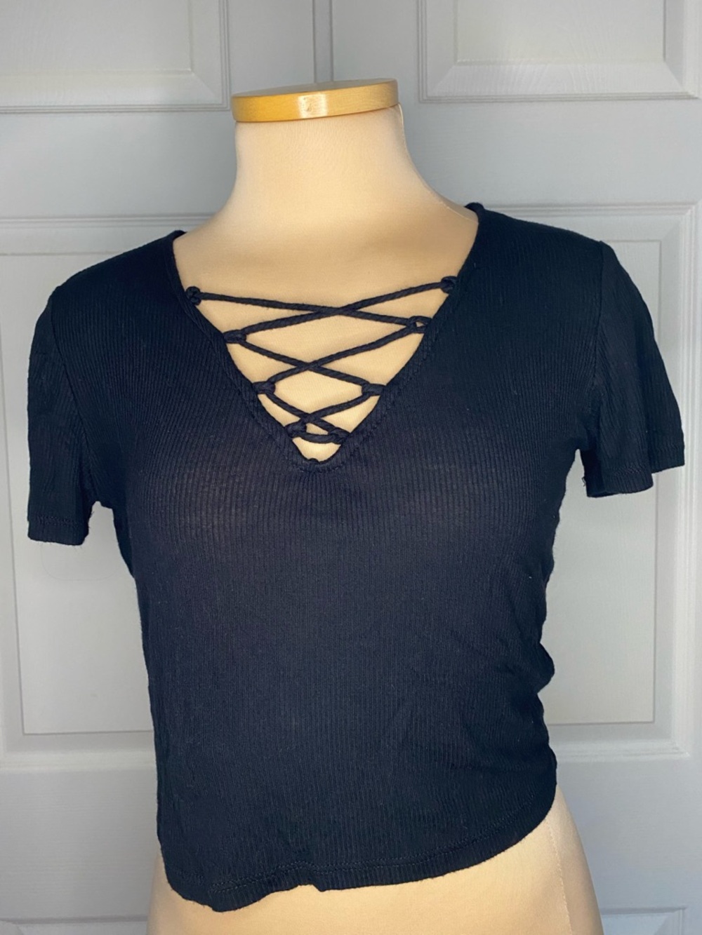 Forever 21 Black Ribbed Lace-Up Cropped Top